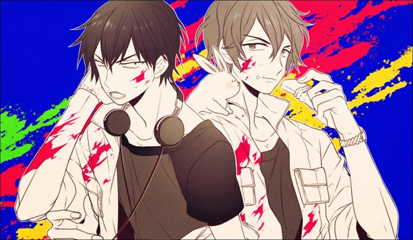 Anime picture 1042x609 with yowamushi pedal arakita yasutomo shinkai hayato fila (artist) looking at viewer short hair black hair brown hair wide image open clothes open jacket multiple boys hug monochrome eating face paint boy animal jacket headphones