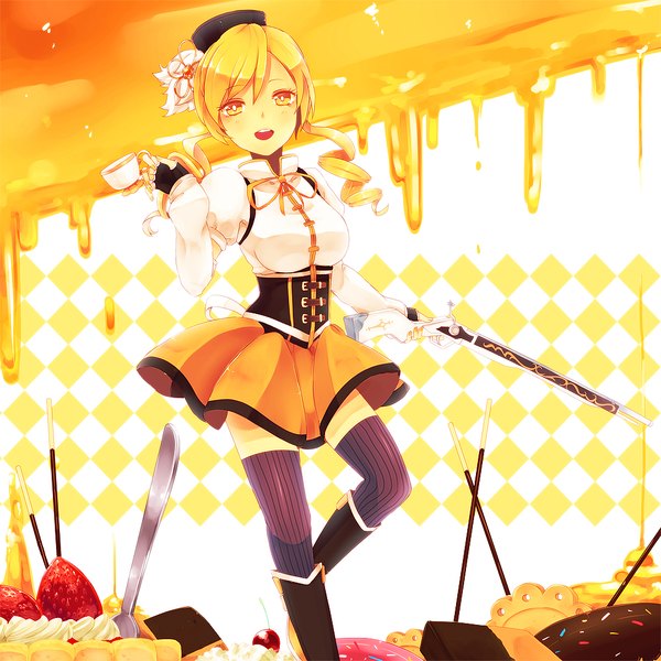 Anime picture 1000x1000 with mahou shoujo madoka magica shaft (studio) tomoe mami shiupika single long hair looking at viewer open mouth blonde hair standing twintails holding yellow eyes bent knee (knees) zettai ryouiki drill hair standing on one leg underbust rhombus girl