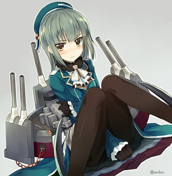 Anime picture 1000x1025 with kantai collection yuubari light cruiser orda single long hair tall image looking at viewer blush light erotic sitting brown eyes signed grey hair embarrassed covering crotch takao (kantai collection) (cosplay) girl dress gloves weapon