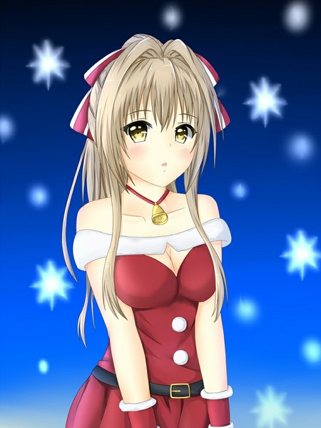Anime picture 750x1000 with amagi brilliant park kyoto animation sento isuzu tear yu single long hair tall image looking at viewer blush fringe breasts yellow eyes grey hair :o bell collar girl bow hair bow bell