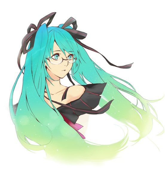 Anime picture 1500x1631 with vocaloid hatsune miku momosuke single long hair tall image simple background white background twintails bare shoulders looking away upper body aqua eyes wind aqua hair portrait girl ribbon (ribbons) hair ribbon glasses