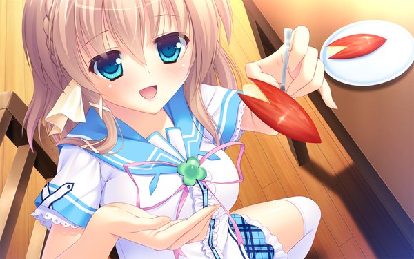 Anime picture 1280x800 with koisuru shimai no sextet mihama suzuka single long hair blush open mouth blue eyes game cg white hair girl thighhighs uniform school uniform white thighhighs food fruit apple apple bunny