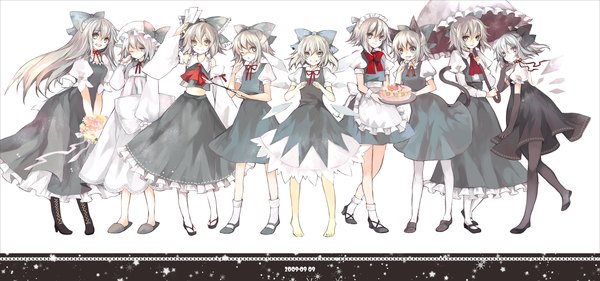Anime picture 2400x1125 with touhou cirno hina (pico) long hair highres short hair open mouth blue eyes blonde hair wide image white background bare shoulders brown eyes animal ears yellow eyes animal tail one eye closed barefoot wink cat ears
