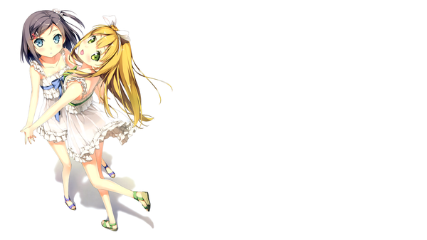 Anime picture 6640x3735 with hentai ouji to warawanai neko j.c. staff tsutsukakushi tsukiko azuki azusa kantoku long hair looking at viewer blush highres short hair open mouth blue eyes black hair simple background blonde hair smile wide image white background multiple girls green eyes