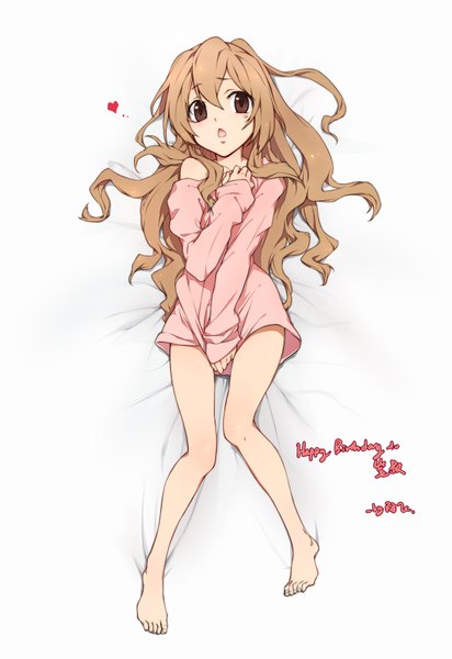 Anime picture 1200x1744 with toradora j.c. staff aisaka taiga linjie single long hair tall image looking at viewer blush open mouth simple background brown hair white background brown eyes signed lying barefoot happy birthday girl heart