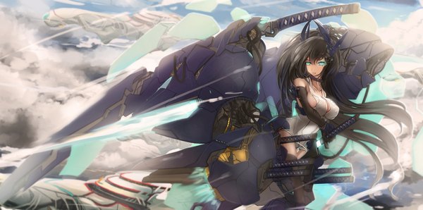 Anime picture 2000x996 with original kikivi single looking at viewer highres blue eyes light erotic black hair wide image sky cloud (clouds) girl thighhighs gloves hair ornament weapon black thighhighs sword black gloves elbow gloves