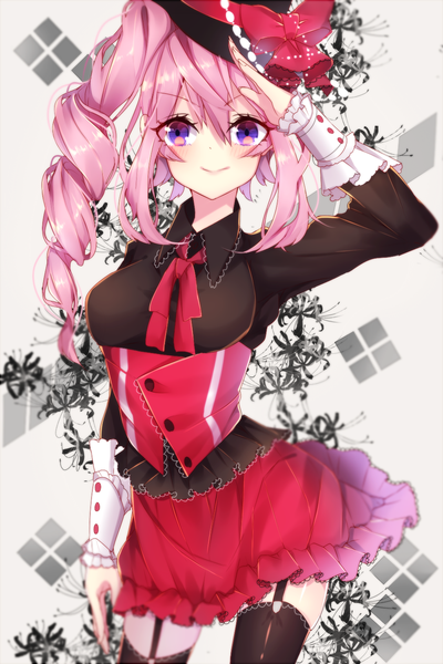 Anime picture 1000x1500 with original motsuni (lxxe1120) single long hair tall image looking at viewer blush fringe breasts smile hair between eyes large breasts standing purple eyes payot pink hair long sleeves pink eyes fingernails zettai ryouiki