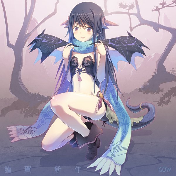 Anime picture 1000x1000 with original tougetsu gou single long hair blush light erotic black hair brown eyes tail horn (horns) inscription midriff girl plant (plants) wings tree (trees) boots scarf