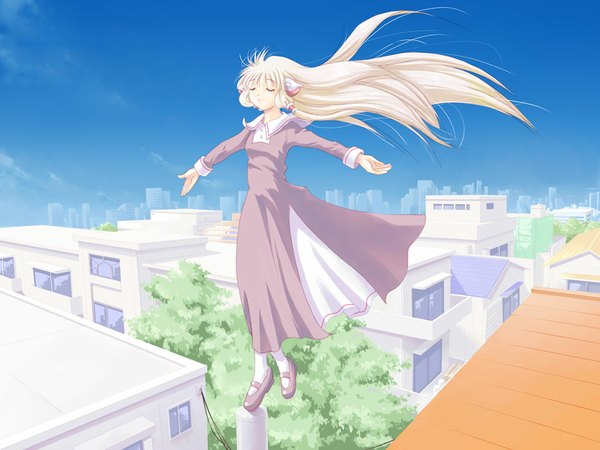 Anime picture 1024x768 with chobits clamp chii single standing sky full body outdoors eyes closed very long hair long sleeves wind city standing on one leg spread arms cityscape girl dress shoes mary janes