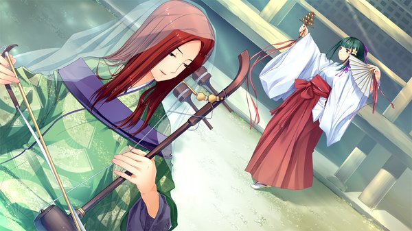 Anime picture 1280x720 with suika niritsu (game) long hair wide image multiple girls game cg red hair traditional clothes japanese clothes green hair miko girl 2 girls bell jingle bell kagura suzu chihaya (clothing)