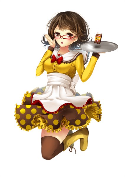 Anime picture 848x1200 with original yukijirushi yukiko-tan toshi (1-147) single tall image looking at viewer short hair open mouth simple background brown hair white background brown eyes girl thighhighs dress black thighhighs glasses boots