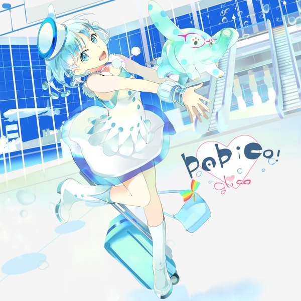 Anime picture 1200x1200 with original papico (ice cream) papico 119 single looking at viewer short hair open mouth blue eyes blue hair girl dress hat boots bracelet bubble (bubbles) suitcase