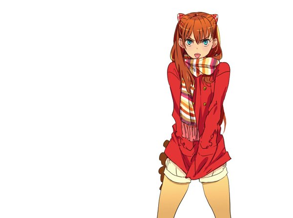 Anime picture 1070x800 with neon genesis evangelion gainax soryu asuka langley mebae single long hair looking at viewer fringe simple background standing white background aqua eyes orange hair hands in pockets girl pantyhose shorts tongue scarf buttons