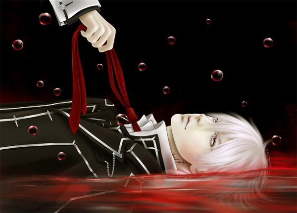 Anime picture 1300x934 with vampire knight studio deen kiryuu zero myme1 short hair white hair lying pink eyes lips realistic tattoo boy uniform school uniform necktie blood suit hand drop