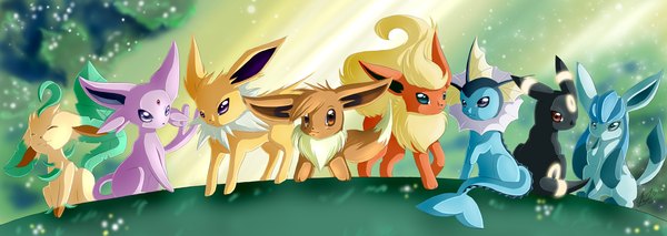 Anime picture 3800x1350 with pokemon nintendo eevee umbreon espeon glaceon vaporeon leafeon flareon jolteon highres wide image group gen 1 pokemon gen 2 pokemon gen 4 pokemon animal pokemon (creature)