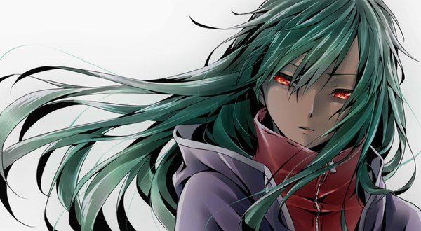 Anime picture 2000x1100 with kagerou project shaft (studio) kido tsubomi noah. single long hair fringe highres simple background red eyes wide image white background looking away green hair wind girl