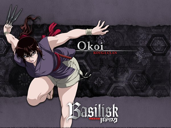 Anime picture 1024x768 with basilisk okoi single long hair breasts red eyes brown hair large breasts signed ponytail inscription girl weapon shorts wristlet kunai