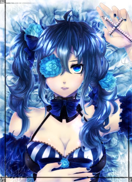Anime picture 2282x3129 with original aiiro-yozora (artist) single long hair tall image looking at viewer highres blue eyes black hair twintails bare shoulders nail polish girl dress hair ornament flower (flowers) bow ribbon (ribbons) hair ribbon detached sleeves