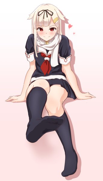 Anime picture 600x1048 with kantai collection yuudachi destroyer minagiku single long hair tall image looking at viewer blush fringe simple background smile red eyes sitting bent knee (knees) white hair pleated skirt shadow pink background leg lift (legs lift) remodel (kantai collection)