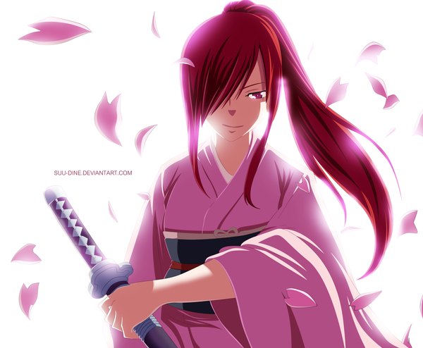 Anime picture 2500x2059 with fairy tail erza scarlet suu-dine single long hair fringe highres simple background smile white background ponytail red hair japanese clothes pink eyes hair over one eye coloring girl weapon petals sword