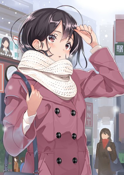 Anime picture 707x1000 with original kinugasa yuuichi tall image looking at viewer blush fringe short hair black hair hair between eyes pink eyes snowing girl scarf bag coat