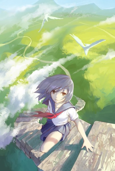 Anime picture 1181x1748 with original exe336 single tall image looking at viewer fringe short hair brown eyes blue hair cloud (clouds) bent knee (knees) from above wind arm support looking up girl uniform animal serafuku bird (birds)