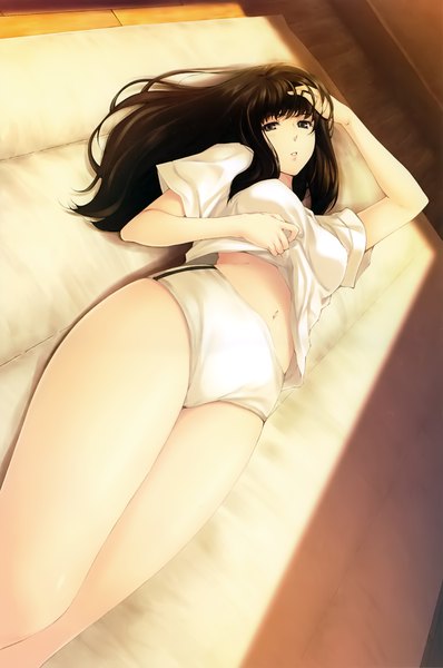 Anime picture 2654x4000 with kara no shoujo innocent grey kuchiki toko sugina miki single long hair tall image looking at viewer highres light erotic black hair lying parted lips black eyes sunlight scan official art on back hand on head girl