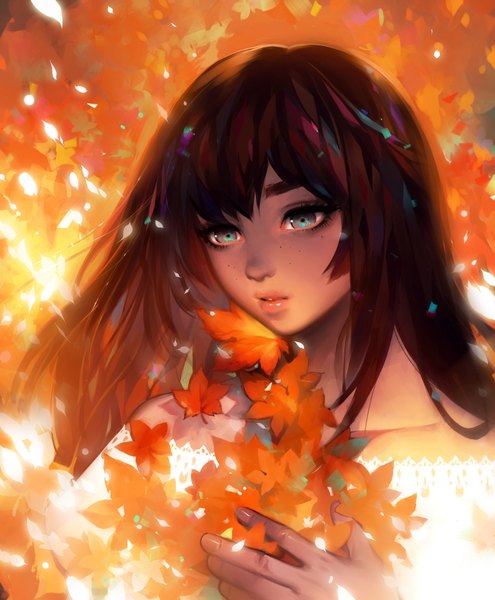 Anime picture 700x847 with original ein lee (einlee) single long hair tall image fringe blue eyes brown hair holding looking away parted lips wind lips sunlight shadow autumn girl leaf (leaves) autumn leaves hand