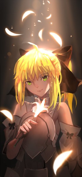 Anime picture 1200x2580 with fate (series) fate/stay night fate/unlimited codes type-moon artoria pendragon (all) saber saber lily hei tong shi single tall image looking at viewer short hair blonde hair green eyes ponytail dark background girl flower (flowers) bow hair bow