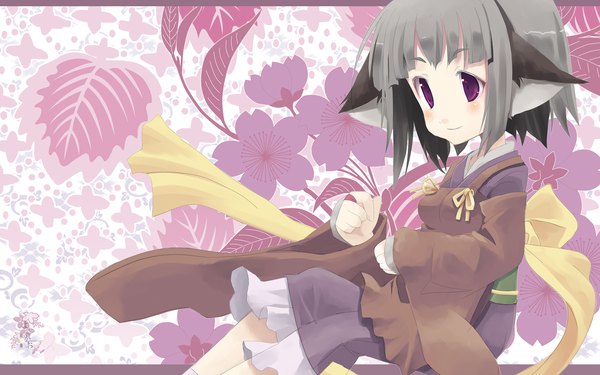 Anime picture 1920x1200 with original shiro (octet) single blush highres short hair smile wide image purple eyes animal ears traditional clothes japanese clothes grey hair wallpaper girl