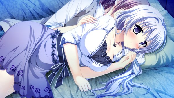 Anime picture 2560x1440 with otome ga tsumugu koi no canvas miyama mizuki anastasia alexeyevna idinarok kimishima ao long hair blush highres blue eyes light erotic wide image game cg white hair lying otoko no ko girl dress boy