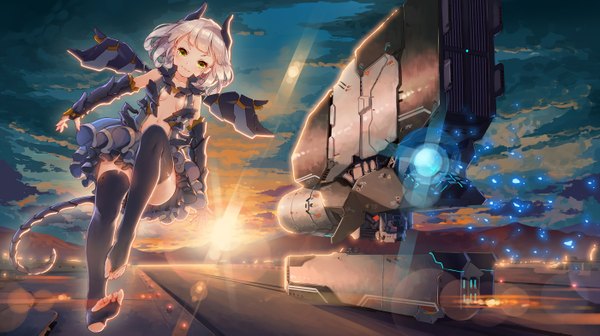 Anime picture 2800x1569 with original fangxiang cuoluan single highres short hair wide image green eyes sky cloud (clouds) white hair horn (horns) mechanical wings girl thighhighs dress black thighhighs wings
