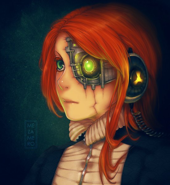 Anime picture 800x869 with original mezamero single long hair tall image green eyes signed looking away orange hair portrait dark background glow crack girl headphones goggles