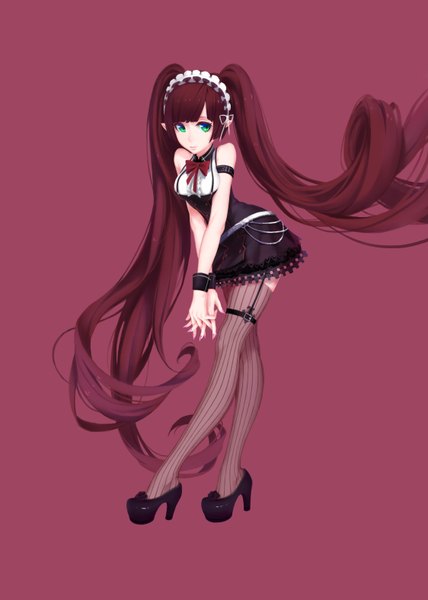 Anime picture 2248x3150 with original q9q single tall image looking at viewer highres simple background brown hair twintails green eyes very long hair purple background girl thighhighs dress headdress striped thighhighs