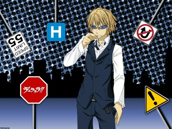 Anime picture 1280x960 with durarara!! brains base (studio) heiwajima shizuo short hair blonde hair city boy sunglasses cigarette sign