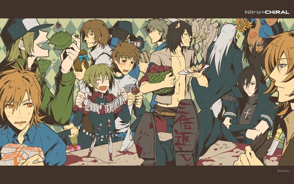 Anime picture 1920x1200 with togainu no chi lamento sweet pool nitro+chiral tagme (character) highres short hair black hair brown hair wide image animal ears white hair eyes closed grey hair cat ears orange hair dark skin group crossover boy