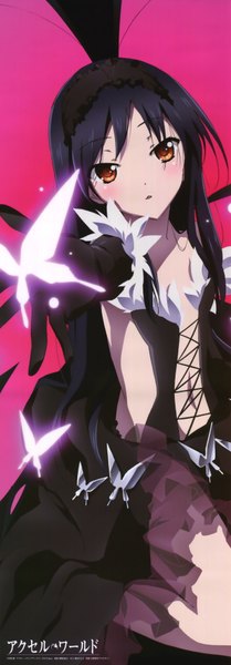 Anime picture 2454x7038 with accel world sunrise (studio) kuroyukihime long hair tall image blush highres black hair red eyes girl dress gloves navel elbow gloves headdress insect butterfly