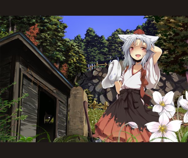 Anime picture 1250x1050 with touhou inubashiri momiji nejime single short hair open mouth red eyes animal ears japanese clothes heat girl flower (flowers) plant (plants) tree (trees) building (buildings) tokin hat