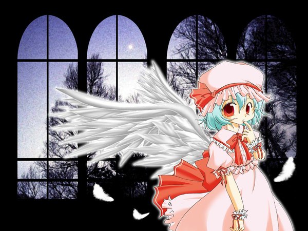 Anime picture 1024x768 with touhou remilia scarlet red eyes blue hair girl ribbon (ribbons) hat wings piyoako