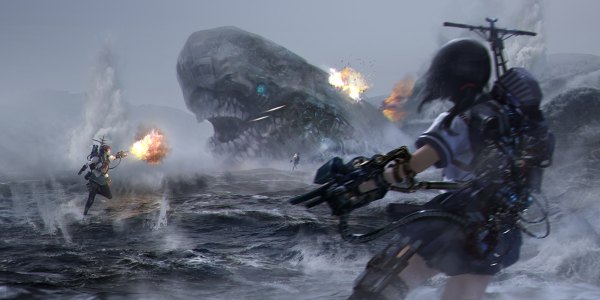 Anime picture 1200x600 with kantai collection yuudachi destroyer fubuki destroyer mutsuki destroyer i-class destroyer bacius long hair short hair blue eyes blonde hair brown hair wide image multiple girls sky pleated skirt from behind teeth outstretched arm low ponytail fighting stance