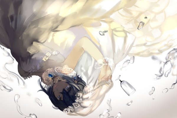 Anime picture 1443x962 with original manbou no shigai single looking at viewer short hair blue eyes black hair simple background smile white background bare shoulders upside down falling girl dress choker water white dress jewelry crystal