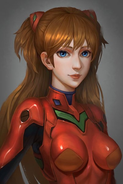 Anime picture 900x1342 with neon genesis evangelion gainax soryu asuka langley wsy single long hair tall image looking at viewer fringe breasts blue eyes simple background smile brown hair lips grey background portrait eyebrows girl bodysuit