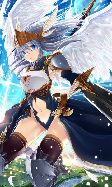 Anime picture 826x1377 with original taletale single long hair tall image blue eyes grey hair angel wings valkyrie girl navel weapon sword wings armor