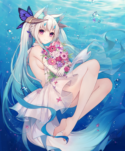 Anime picture 1159x1400 with original muryotaro single long hair tall image looking at viewer fringe breasts light erotic twintails bare shoulders holding animal ears payot blue hair pink hair full body bent knee (knees) white hair tail