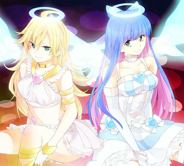 Anime picture 1000x900 with panty & stocking with garterbelt anarchy stocking anarchy panty surumeri (baneiro) blue eyes blonde hair smile bare shoulders multiple girls green eyes blue hair multicolored hair two-tone hair colored inner hair girl dress 2 girls wings frills halo
