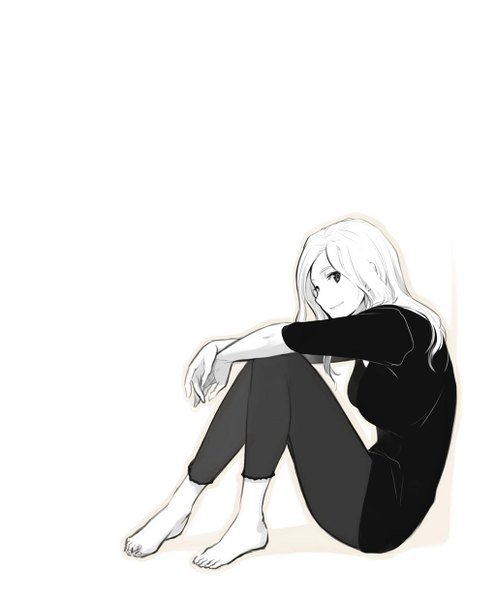 Anime picture 1024x1239 with original poaro single long hair tall image looking at viewer fringe sitting brown eyes bent knee (knees) looking back no shoes monochrome crossed arms girl leggings