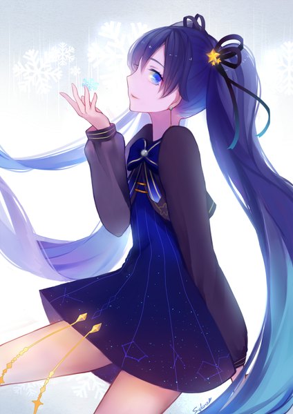 Anime picture 1600x2262 with vocaloid hatsune miku yuki miku slyvia single tall image looking at viewer blue eyes smile twintails signed blue hair very long hair profile gradient background arm behind back starry sky print constellation girl dress