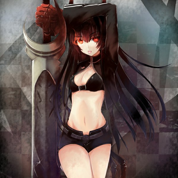 Anime picture 800x800 with black rock shooter black gold saw dreamlight2000 single long hair looking at viewer fringe breasts light erotic red eyes brown hair horn (horns) open clothes open jacket midriff groin glowing glowing eye (eyes) :p walking