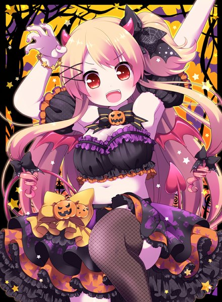 Anime picture 880x1198 with original ringo yuyu single long hair tall image blush open mouth blonde hair red eyes pink hair tail multicolored hair horn (horns) two-tone hair armpit (armpits) halloween demon tail bat wings girl thighhighs