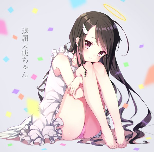 Anime picture 837x827 with original reta (honoka1230zero) single long hair blush light erotic black hair sitting bare shoulders looking away full body pink eyes barefoot grey background pantyshot pantyshot sitting sad leg hug girl dress